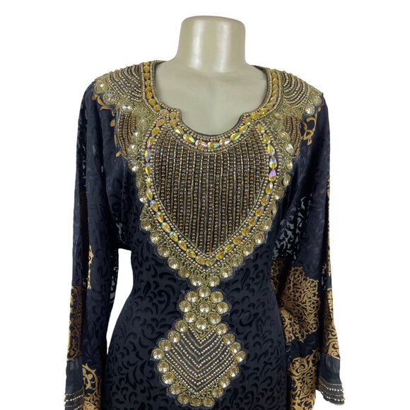 Embellished Black & Gold Kaftan Dress W/ Intricate Beading & Tie-Back Waist Sz M - Picture 5 of 12